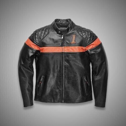 Harley Davidson Victory Sweep Leather Jacket – Men’s Genuine Cowhide Motorcycle Riding Gear